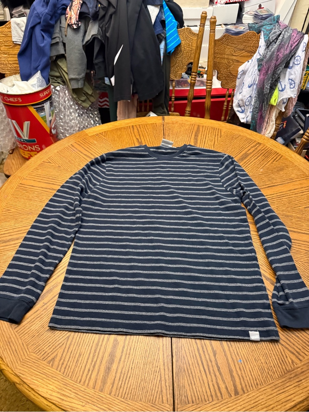 Vans Men's Navy and Gray Striped Long-Sleeve Crewneck Shirt
